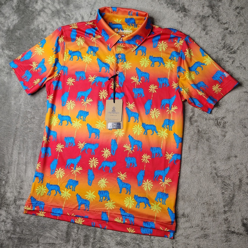 Chubbies The Howler Moon Polo Shirt Mens Small Orange Wolf Palm Performance‎ 2.0